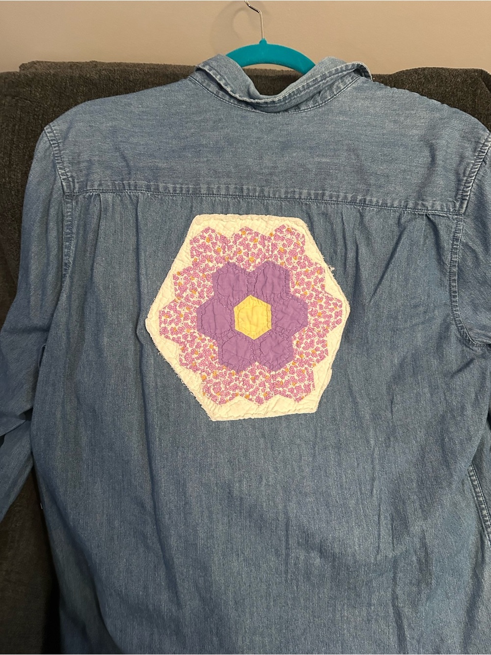 Repurposed Jean shirt with quilt patches. - Picture 4 of 4